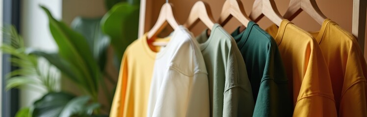 Rack with bright shirts in boutique. Yellow white green tops hang on wooden hangers near plant. Casual apparel design. Collection of fashion clothes for sale in store.
