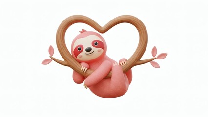 3D Cartoon Sloth Character Hanging from a Heart-Shaped Branch, Soft Matte Texture, Gentle Valentine Colors Isolated