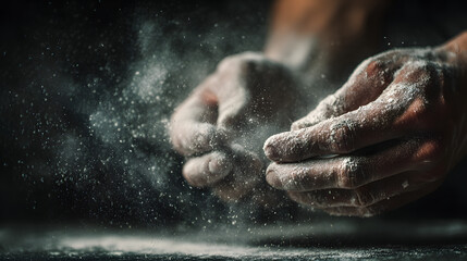 Close Up Detail of Hands Dusting Flour in Low Light Setting with Soft Focus and Dynamic Motion Effects