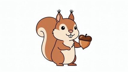 Flat Cartoon Squirrel Character Offering an Acorn Shaped Like a Heart, Minimal Vector Illustration, Clean Composition Isolated