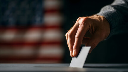 Close-Up of Hand Inserting Voting Ballot Paper into Box at Election Time with American Flag Background
