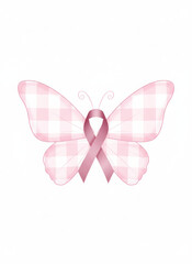 Fototapeta premium Pink butterfly with breast cancer awareness ribbon on plaid wings isolated on white background