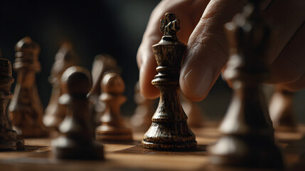 Close-Up Cinematic Shot of a Hand Moving a King Piece on Chessboard in Dramatic Lighting