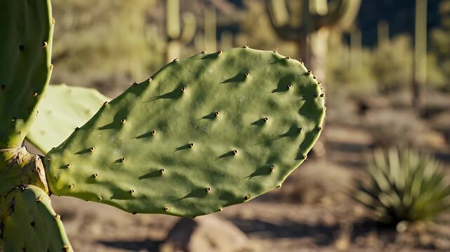 Close up shot of Prickly Pear Cactus pad in natural Arizona desert environment
