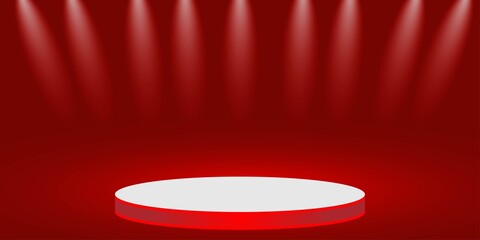 Stage podium with lighting, Stage Podium Scene with for Award Ceremony on red Background, Vector illustration