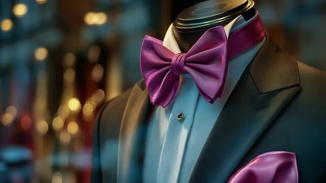 A mannequin at a shop wearing a tuxedo and bow tie