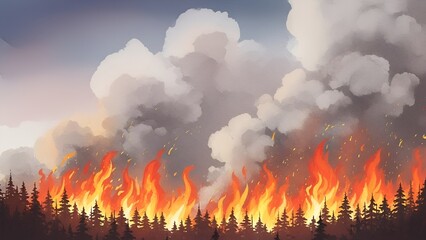 Obraz premium Stylized depiction of wildfire devastation with smoky clouds and burning trees