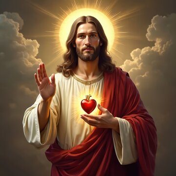 Jesus Christ holds glowing red heart radiating divine light. Majestic figure in white robe and red cloak stands amidst clouds, with bright halo above head. Sacred symbol of love and sacrifice.