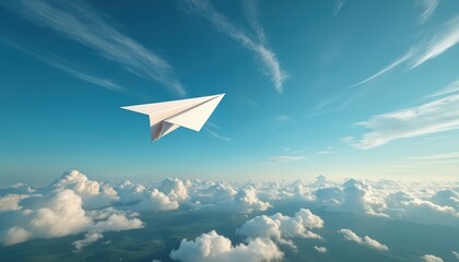 Fototapeta premium Paper airplane flies high in blue sky above white clouds. Toy plane soars through air. Concept of freedom, travel, dreams and childhood. Paper plane adventure in the sky background.