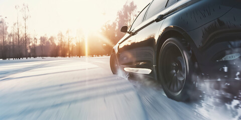 Generic car making controlled turn on snowy road with snow spray. Concept of winter driving control, traction, stability and safe handling on slippery surfaces