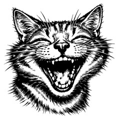 Obraz premium Laughing Cat Face with Big Smile – Black & White Ink Sketch Cartoon Illustration for Meme, Sticker, T-Shirt