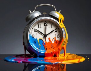 Clock with paint melting on it, colorful hues and abstract visual