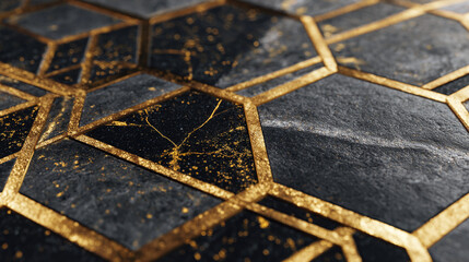Close-up view of geometric patterned golden tiles, showcasing luxurious textures and design elements.