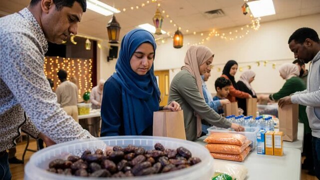 Muslim community volunteering to pack food for charity during Ramadan in big hall with traditional lanterns and crescent moon decorations