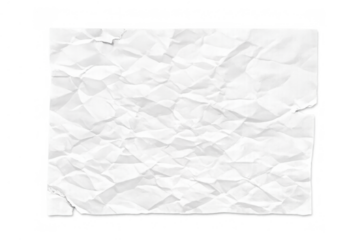 Crumpled white paper texture with wrinkled surface, torn edges, and blank space, isolated on transparent background