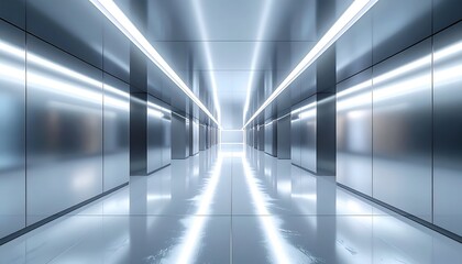 Futuristic, metallic corridor bathed in cool blue light, reflective surfaces