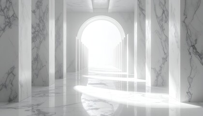 A bright, marble-lined corridor leading to a radiant, arched doorway