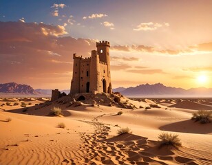 Obraz premium Ancient desert fortress in the sand under a warm sunset glow