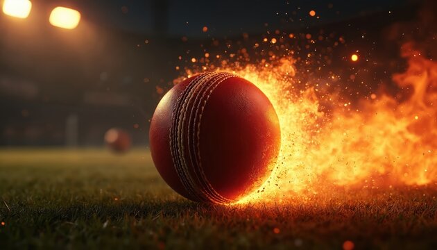 Cricket ball burns on grass pitch at night stadium under lights. Fiery explosion surrounds ball creating dramatic sports action effect. Outdoor game intense atmosphere intense heat.
