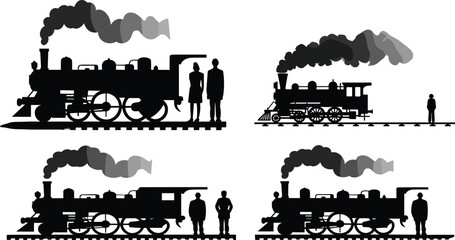 Steam locomotive silhouettes with human figures, vintage train comparison, black vector illustration, railway scale concept, retro transportation design