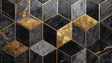 A unique geometric pattern made of marble stone with cube shapes and golden borders, perfect for luxurious design concepts