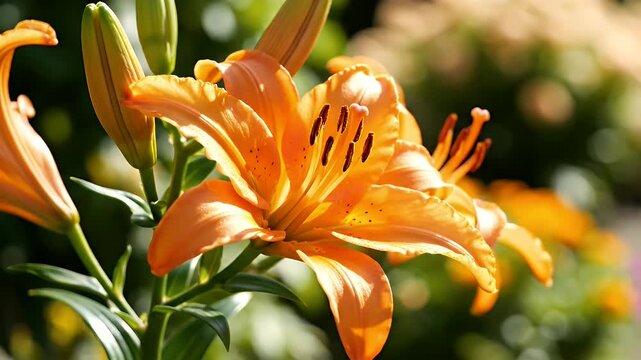 Close-up View of Beautiful Orange Lily Flowers in Full Bloom on a Sunny Day