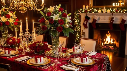 Elegant Christmas dining table set with festive decorations and a warm fireplace creating a cozy holiday atmosphere.