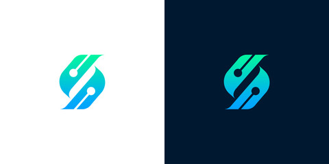 Modern abstract letter S logo design in blue and green gradient with technology circuit elements