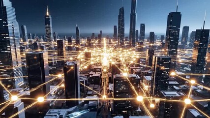 A futuristic cityscape at dusk with a sleek spaceship flying above, surrounded by a network of glowing lines and illuminated skyscrapers - Powered by Adobe