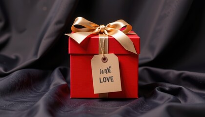 Gift box adorned with a ribbon and a tag that reads "with love".