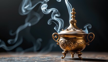 Elegant incense burner emitting swirling smoke in a dark ambiance.