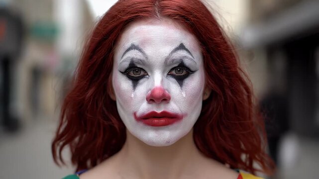 Sad clown with red hair and white face paint on street.