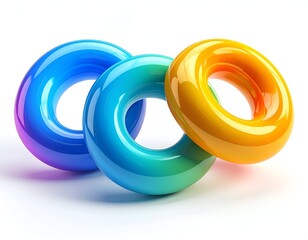 Three glossy, brightly colored torus shapes overlapping on a white background