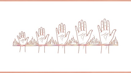 Hands reaching out from flames on a flat surface in a dramatic gesture of emergence with danger