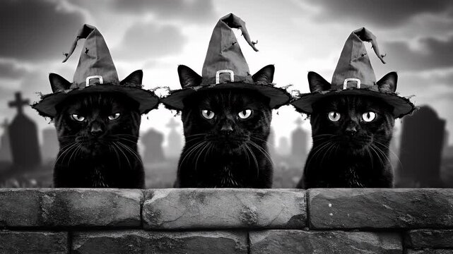 Three black cats wearing witch hats in a graveyard.