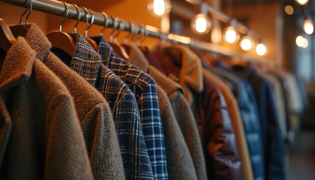 Rack with winter coats and jackets in store. Second hand clothes concept. Variety of outerwear on hangers. Autumn and winter fashion. Shopping and style. Warm clothing sale indoors.