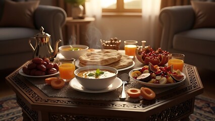 Warm, inviting spread of healthy fruits and nourishing soup on a decorative table, bathed in soft sunlight.