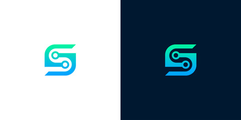 Modern digital letter S logo design featuring interconnected circuit elements, symbolizing technology, data flow, and sophisticated network solutions for innovative businesses and startups