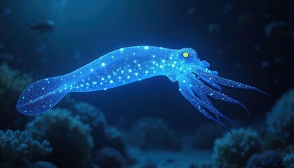 Bioluminescent firefly squid underwater. Night sea scene. Glowing squid in deep blue ocean waters. Underwater creature emits light. Marine life in dark abyss. Futuristic aquatic illustration.