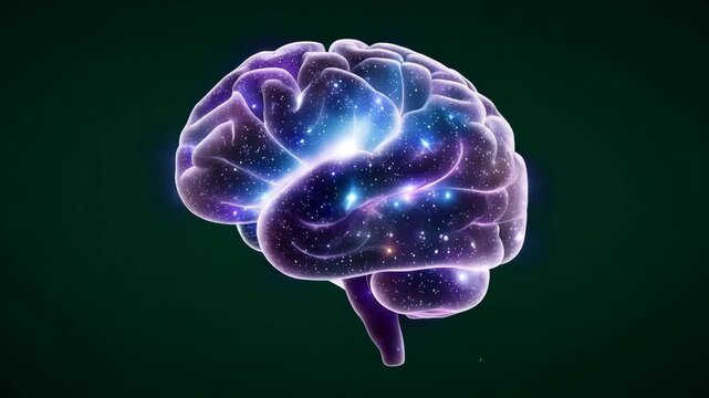 The human brain glows with vibrant purple and blue lights on a dark background