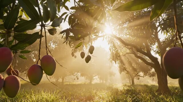 A serene mango orchard bathed in golden sunlight, with ripe mangoes hanging from lush green branches, casting soft shadows on the dew-kissed grass, creating a tranquil and inviting atmosphere