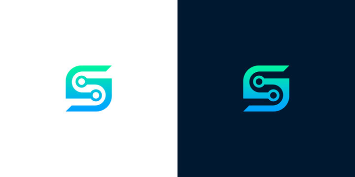 Modern digital letter S logo design featuring interconnected circuit elements, symbolizing technology, data flow, and sophisticated network solutions for innovative businesses and startups