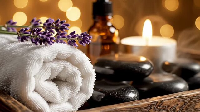 A serene spa setting featuring a rolled white towel, smooth black stones, a lit candle, a bottle of essential oil, and sprigs of lavender, all set against a blurred festive background