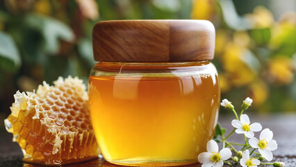 Fresh Honey Jar with Natural Honeycomb and Delicate White Blossoms