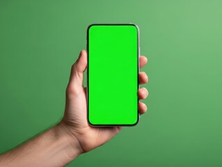 Hand holding a smartphone with a solid green screen
