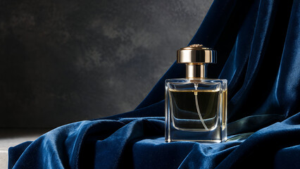Luxurious Perfume Bottle with Golden Cap on Rich Blue Velvet Drape