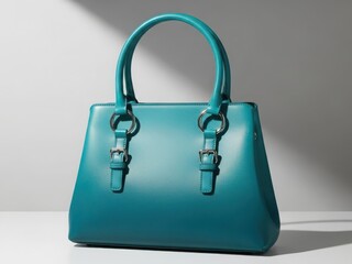 Elegant turquoise handbag with distinctive buckle design