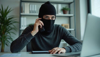 Masked man on phone uses laptop at desk. Suspect conducts digital crime in office, planning illegal online activity. Hacker uses tech for cyber attack, working late on computer.