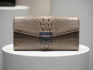 Elegant metallic crocodile-embossed wallet on display