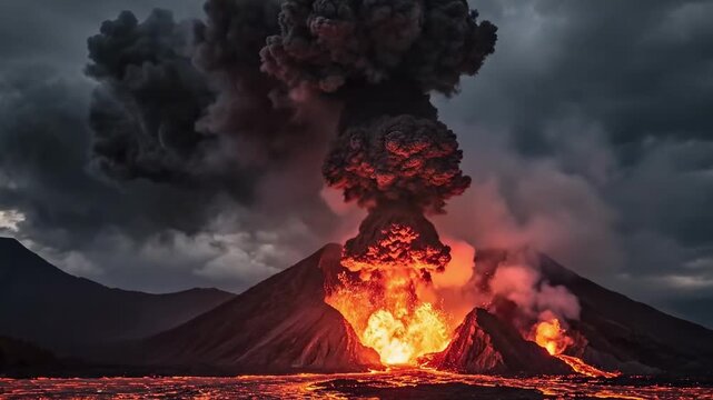 A dramatic volcanic eruption showcases explosive lava flows, billowing smoke clouds, and vibrant orange hues, set against a dark, stormy sky illuminated by flashes of lightning